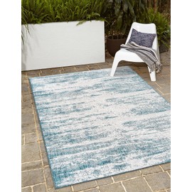 Unique Loom Outdoor Modern Collection Area Rug - Cartago (9' x 12' 2" Rectangle, Teal/ Ivory)