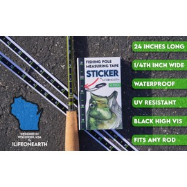 Fishing Pole Measuring Tape Sticker, 24 Inch Ruler Decal to attach to Fishing Rod (2 Pack), Black, UV-RESISTANT, Sticks to Boat, Truck, Rod, Kayak-Paddle, High Visibility Numbers, WATERPROOF