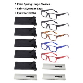 Autojouls 5-Pack Blue Light Blocking Reading Glasses for Women Men Spring Hinge Readers Computer Eyelgasses with Pouches, 2 Black Tortoise Blue Red 1.5 x