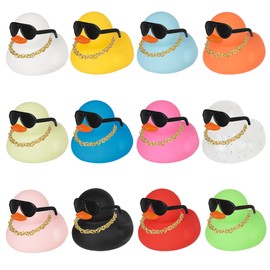 Rubber Ducks Bath Toys, 12 PCS Multicolor Mini Rubber Duckies Accessories with Black Sunglasses and Necklace, Cruise Ducks Bathtub Toys Shower Toys for Kids Toddlers Boys Girls