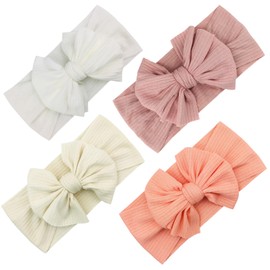 EUDUQ Pack of 4 Baby Hair Bands, Cotton Headbands, Baby High Elastic Headband, Baby Girl, Soft Baby Bows Hair Bands, Newborn Toddlers, Baby Jewellery (Pink/White/Beige/Peach)