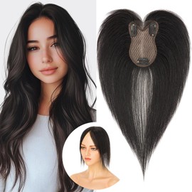 S-noilite Toupees for Women with Side Fringe 8 x 11 cm - 100% Real Hair Topper Hair Extensions Real Hair Women's Hair Thickening #1B Natural Black 21 g