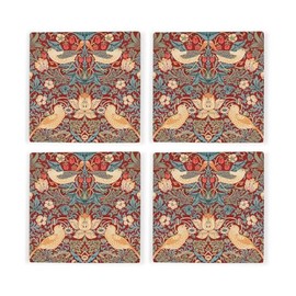 Red Strawberry Thief Ceramic Coaster Set - William Morris Artwork Gifts - Square Set of Four (4) Coasters
