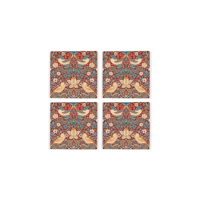 Red Strawberry Thief Ceramic Coaster Set - William Morris Artwork