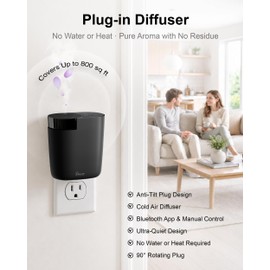 MQLMF Waterless Plug in Diffuser, 800 Sq Ft, No Wobble Secure Wall Fit, Adjustable Timer & Scent Intensity,App Control,Essential Oil Plug in Wall Diffuser, Includes 3 x 20ml Fragrance Oils, Black