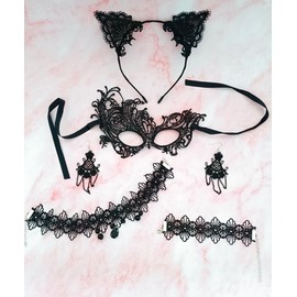Hopodix 6Pcs Costume Accessories with Black Lace Cat Ears Headband Choker Necklace Bracelet Earings Masquerade Mask for Women Lady Masquerade Cosplay Party Gifts Lace Accessories