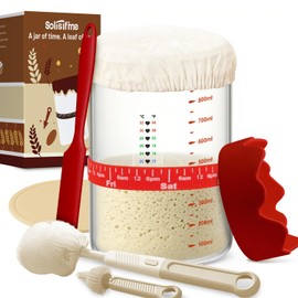 Pro Sourdough Starter 10-In-1 Kit – 34 Oz Glass Jar With Lid, Cloth Cover, Date Band, Brush, Temp Strip, Silicone Spatula, Heating Mat – Sourdough Bread Baking Supplies, Glass Container, Red