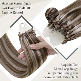 LaaVoo 60 cm Real Hair Micro Rings Blonde Highlight Real Hair Extensions Micro Loop 1 g/s Extensions Micro Remy Human Hair Light Brown Highlight Light Blonde 50 g/50 Strands #P8/24