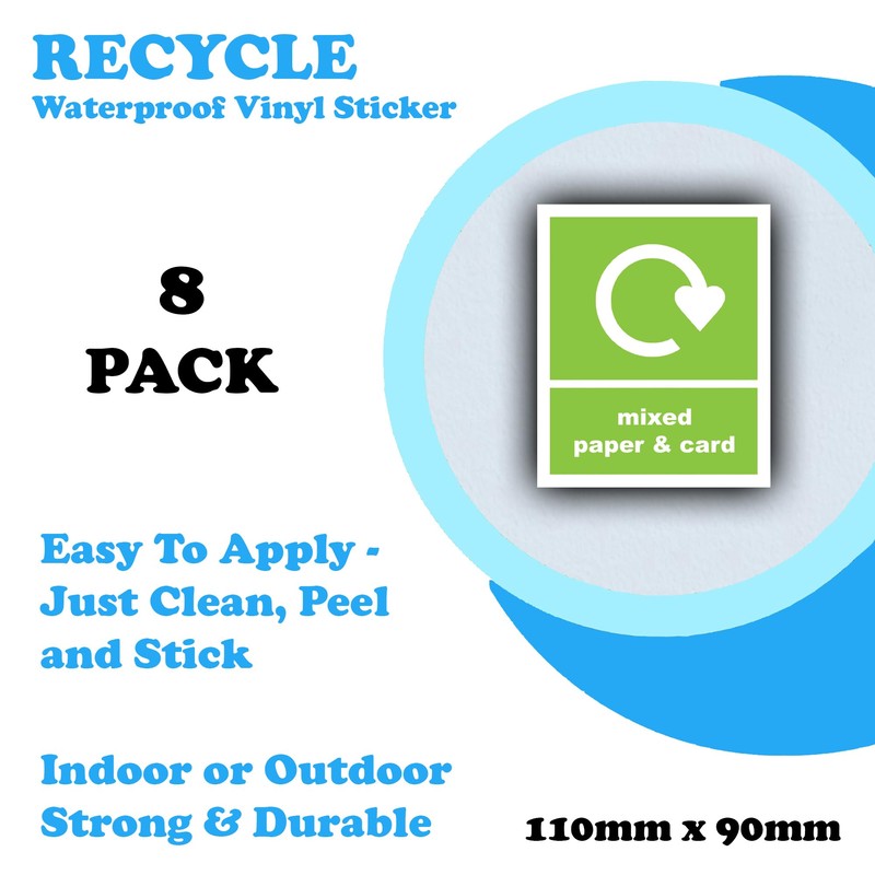 8-Pack - Recycling Bin Sticker Label - Mixed Paper &