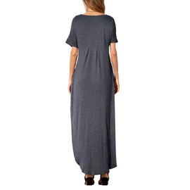 HUSKARY Women's Summer Maxi Dress Casual Loose Pockets Long Dress Short Sleeve Split Dark Grey
