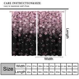 Fantastic Cherry Bloom Curtains, Modern Dreamy Glitter Abstract Pink Black Exotic Falling Vibrant Japan Floral Window Treatments, Blackout Rod Pocket Drapes For Living Room Bedroom Bathroom 42x45in