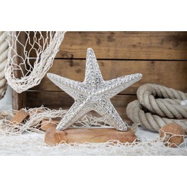 Logbuch-Verlag Starfish Figurine Silver Metal & Wood Star Decoration Travel Summer Bathroom Beach Sea Maritime Decoration 18 cm