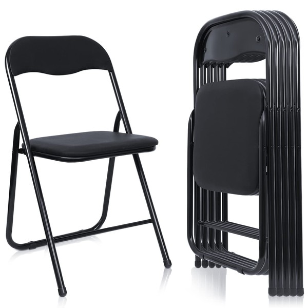 Kathfly 6 Pcs Steel Folding Chair Set Foldable Chair with Padded Seat Cushioned Metal Folding Chair Portable Stackable Commercial Seat for Reception Meeting Room Office, 330lbs Capacity (Black)