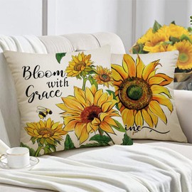 BAOKU Cushion Covers 45x45 cm Pillow Covers Spring Decorative Home Decor for Bed Couch Sofa Bedroom Office Pack of 4 sunflower yellow bee Pattern Linen Pillowcase
