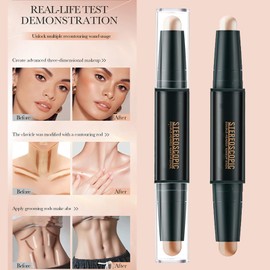 2-in-1 Contour and Highlighter Stick with Brush Kit - Smooth Sculpting Bronzer for Medium Skin Tone - Long Lasting and Waterproof Contour Sticks for Light Skin Makeup