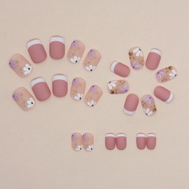 French Tip Press on Nails Short Petite Fake Nails Square Matte False Nails with Flower Designs Acrylic Nails Cute Extra Short Pink Glue on Nails Reusable Artificial Stick on Nails for Women Girls