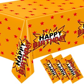 VitalCozy 3 Pcs Happy Birthday Theme Anime Tablecloth 108 x 54 Inches Happy Birthday Cartoon Table Covers Yellow Blue and Red Stars Print Table Cloth for Theme Party Decoration Supplies