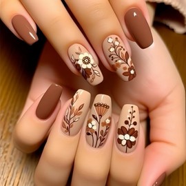 24Pcs Brown Coffin Press on Nails Medium Long Fake Nails Reusable False Nails with Flower Pattern Design Spring Summer Floral Nails Acrylic Nails Press ons Full Cover Glue-Free Nails for Women