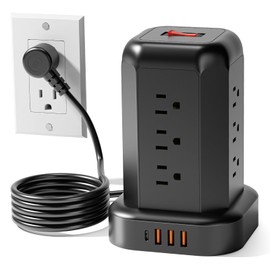 Tower Power Strips with Surge Protection, Power Strip with 12 Outlets 4 USB Ports, Surge Protector Tower 1875W/15A 1080J, Extension Cord with Multiple Outlets, Office Supplies, Dorm Essentials,5FT