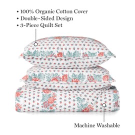 MARTHA STEWART Victoria Multi Color Queen Quilt Set - 3 Piece, 100% Organic Cotton Bedspread, Reversible, Cool, Percale Weave, Soft & Lightweight Quilt, 1 Summer Quilt, 2 Pillow Shams