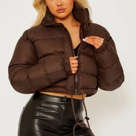 FindThy Women’s Winter Cropped Puffer Jacket Classic Long Sleeve Stand Collar Padded Down Coats(1062-Brown-M-aLB)