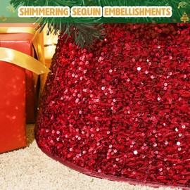 Lewondr Christmas Tree Collar 26 Inch, Christmas Tree Skirt with Sequin, Large Xmas Tree Ring Stand Base Cover Bottom Decoration Foldable Cover for Holiday Xmas Home Party Decor, Red