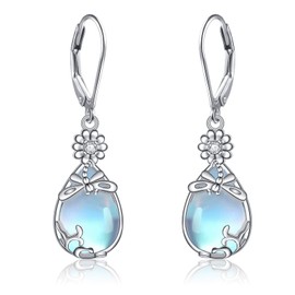 Flyow Sterling Silver Teardrop Drop Earrings Laboratory Turquoise Moonstone Earrings Dragonfly Filigree Earrings Hypoallergenic Moonstone Turquoise Jewellery Gifts for Women Girls, Sterling Silver,