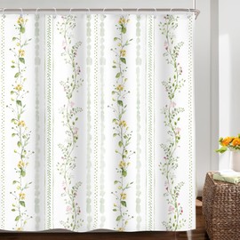 Riyidecor Spring Green Shower Curtain Rustic Sage Leaves Light Green Summer Botanical Plant Floral Flower Watercolor Country Pretty 72Wx72H Inch Girly Women Decor Bathroom Waterproof with 12 Hooks