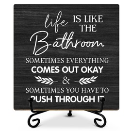 Funny Wooden Table Signs - Office Desk Decor - Life is Like The Bathroom, Housewarming Gifts for Coworker Friends, Desk Decorations for Toilet Restroom - mup41
