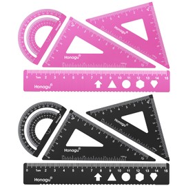 Honagu Aluminum Alloy Triangular Ruler Set, 2 Sets/8 Pieces, 15cm/5.9inches, Pink & Black