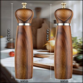 Wooden Salt and Pepper Grinder Set: Refillable Salt and Pepper Shakers, Manual Mills Made of Solid Acacia Wood, Ceramic/Stainless Steel Cores, Each 8 Inches in Size, Pack of 2