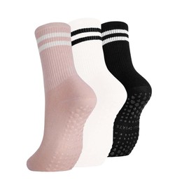 Yoga Grip Socks Women-3 Pairs Non Slip Pilates Sock Grippy Mid-Calf Grip Breathable Socks for Fitness, Running (UK, Alpha, One Size, Regular, Regular, Black white pink)
