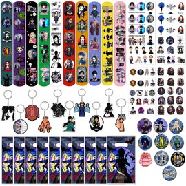 Birthday Party Favor Gifts Set Included 10 Bags, 10 Key-chains, 10 Slap Bracelets, 10 Button Pins, 10 Sheet Temporary Tattoos for Wednesday Theme Kids Party Decorations Supplies School Rewards