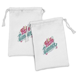 Ambesonne Hello Summer Fabric Pouch Set of 2, Handwritten Vintage Calligraphy with Floral Details, Small Drawstring Bag for Toiletries Masks and Favors, 9" x 6", Sea Green Magenta