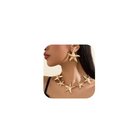 KYHNG Summer Beach Starfish Necklace Earrings Sets,Punk Boho Metal Big Star Choker,Bikini Starfish Drop Stub Earrings,Statement Starfish Clavicle Necklace for Women (Gold)