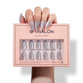 VSALON Short Almond Press-On Nails - Silver Glitter Nails Kit, Reusable Fake Nails with Nail Glue, Protector Essential Oil, Adhesive Tabs & Mini Nail File - 32 PCS in 16 Sizes (Shining Starlight)