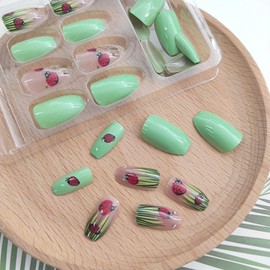 Coffin Press on Nails Short Fake Nails with Floral Designs Green Acrylic Nails Press ons Glossy Glue on Nails Spring Summer False Nails Full Cover Artificial Stick on Nails for Women 24 Pcs