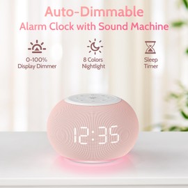 Reacher Auto Dimmable Sound Machine Alarm Clock with Night Lights, 20 Soothing Sounds, Sleep Timer, Precise Volume Control, Cute White Noise Soother for Girls, Kids, Bedrooms, Office