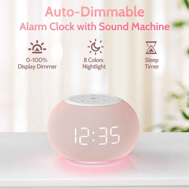 Reacher Auto Dimmable Sound Machine Alarm Clock with Night Lights,