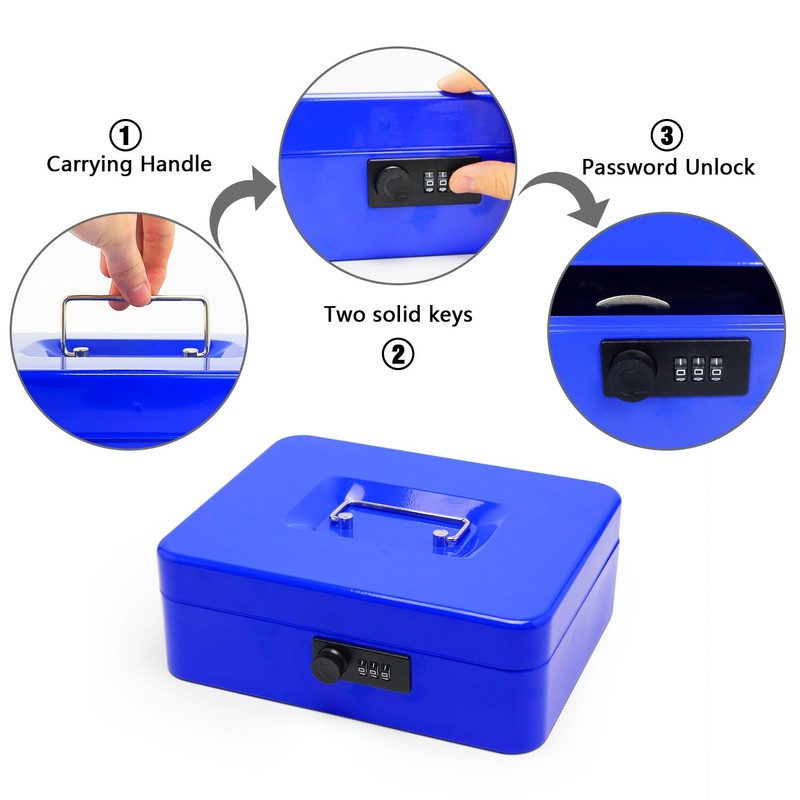 Secure Steel Cash Box with Combination Lock and Removable Tray