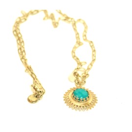 Sleeping Beauty Turquoise is the Center of the Sunburst Sterling Silver Pendant on a Paper Clip Style Chain wtih a Magnetic Clasp