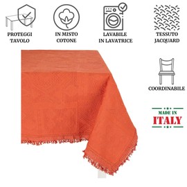 Casatessile Mexico - Jacquard Tablecloth Cotton | Elegance Geometric Pattern with Fringes | Machine Washable & Durable | Square cm 140 x 140 cm - Arancio - Orange