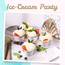 Confettiville Paper Ice Cream Cups, 100-Count 5.5-Oz Disposable Dessert Bowls for Hot or Cold Food, 5.5-Ounce Party Supplies Treat Cups, 5 Colors Pastel Stripes with Scalloped Gold Foil