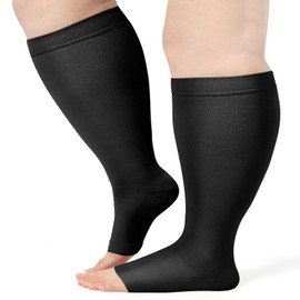 AKSO MEDICOS Plus Size Compression Socks (S-7XL) 20-30 mmHg Wide Calf Open Toe Compression Support Stocking for Improve Circulation Varicose Veins Swelling Edema Open-Toe Black Large