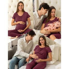 SUNNYBUY Women 3 PCS Maternity Nursing Nightgown Dress & Short Sleeve Breastfeeding Top & Pregnancy Pants Sleepwear Set, Burgundy L