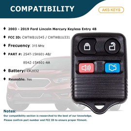 AKS KEYS Keyless Entry Remote Compatible with Ford That Uses 4B FCC CWTWB1U331 / CWTWB1U345 This Key Fob fits for Ford Lincoln Mercury from 2003-2019 PN 8S4Z-15K601-AA 2S4T-15K601-AB - 315 MHz (2)
