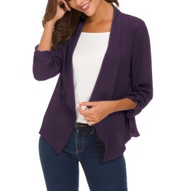 Women's Ruched Sleeve Lightweight Thin Chiffon Blazer (L, Purple)