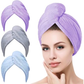 3 Pack Toalla Microfibra para Cabello, Toalla de Cabello Seco con Botones Gorro de Baño Ultra Absorbente de Agua, Secado de Pelo Súper Rápido, Turbante Suave para Mujer Anti Frizz (Violet Gris Azul)
