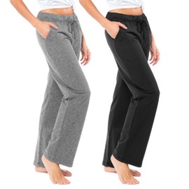 Sexy Basics Women's 2 Pack Ultra Soft French Terry Cotton Drawstring Yoga Lounge Long Pants (2 Pack- Black & Grey, X-Large)