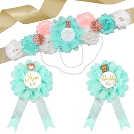 Juego de faja y ramillete de maternidad para revelar género, diseño de mamá a ser papi a ser ramillete, decoración de baby shower, banda de aguamarina, revelación de género, regalo de fiesta, regalo